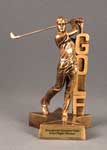 This is a image of a gold tone resin golfer with the word golf stacked verticaly behind the golfer standing on a star base