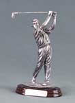 This is a image of silver colored resin male golfer in a full swing set on a dark red oval base