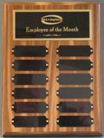 Image of a 9 inch by 12 inch perpetual plaque with twelve black colored plates below a black with gold trim header plate