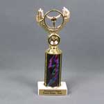This is a image of a steering wheel on top of a column and marble base